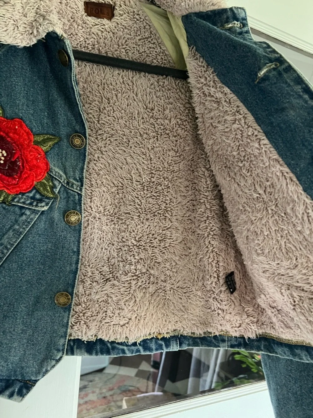 POL Blue Denim Jacket with Red Floral Appliqué and Cream Sherpa Collar & Lining - Picture 4 of 4